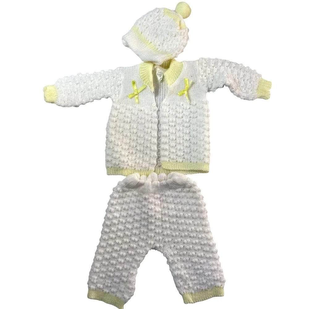 Crochet Baby Knit 3pc Set Sweater Pants Bonnet 0-3M Popcorn Vintage Cottagecore